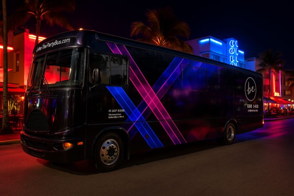 Neon-lit party bus parked on city street at night