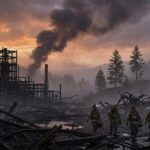 Firefighters walking through destroyed chemical plant at dusk