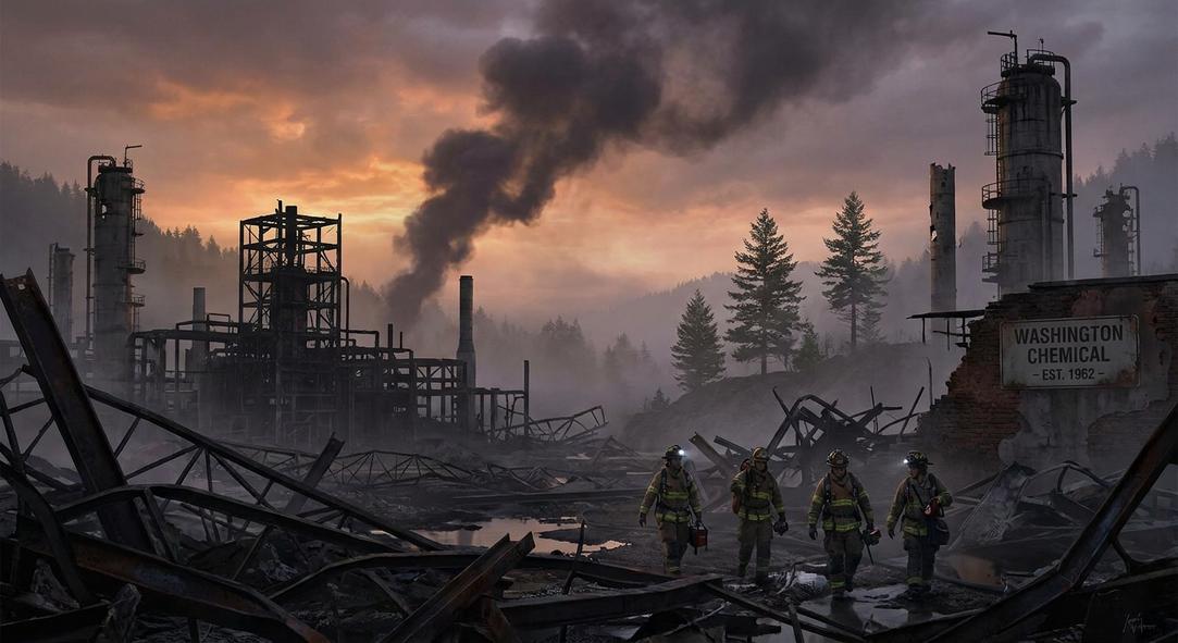 Firefighters walking through destroyed chemical plant at dusk