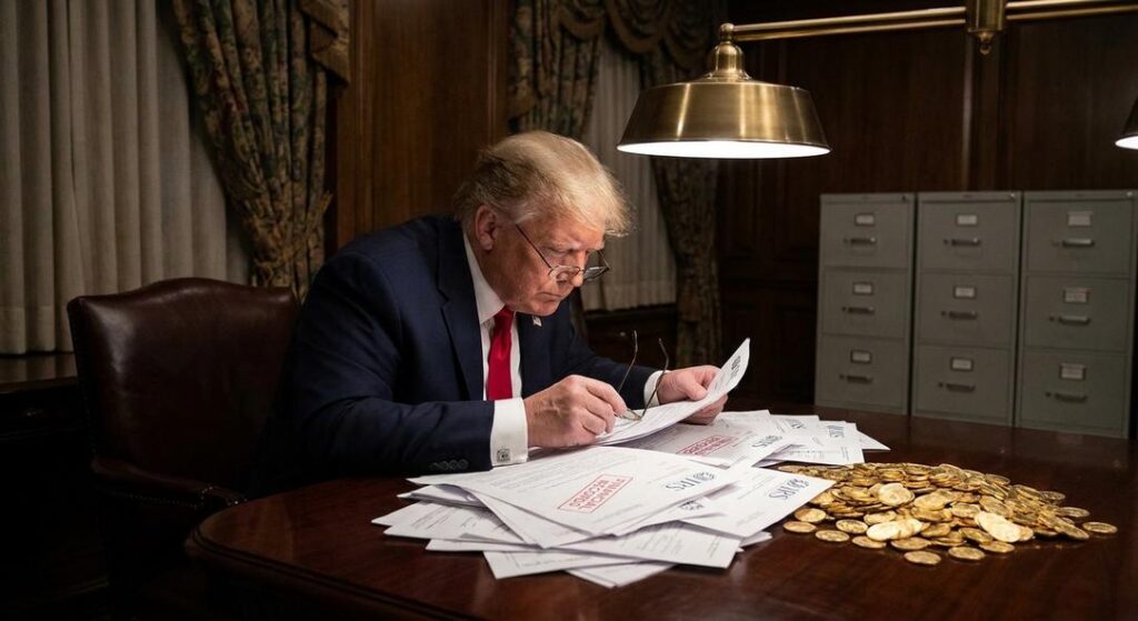 Older man in suit reviewing documents at desk