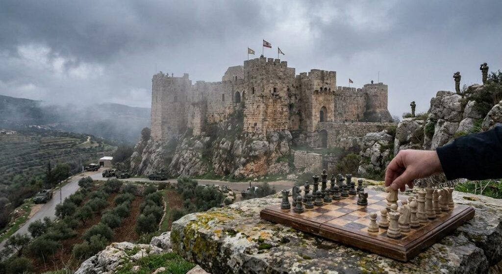Chessboard overlooking misty hilltop stone castle