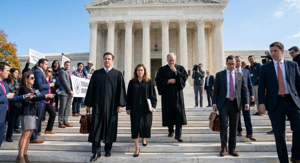 Judges exiting Supreme Court building with media nearby